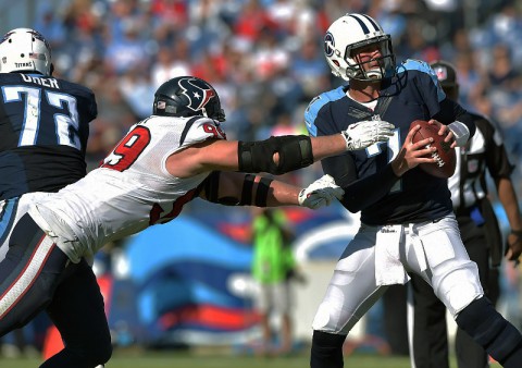 Tennessee Titans quarterback Zach Mettenberger (7) is sacked by Houston Texans defensive end J.J. Watt (99) during the second half at LP Field. The Texans beat the Titans 30-16. (Don McPeak-USA TODAY Sports)