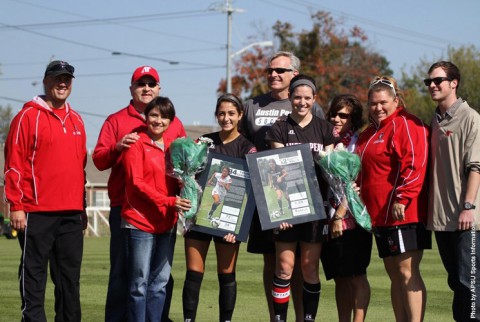 Austin Peay Women's Soccer honors seniors Frankie Carbajal (left) and Claire Pultz (right) during on-field pregame ceremony Sunday. (APSU Sports Information)