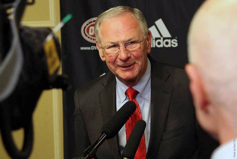 Austin Peay Men's Basketball head coach Dave Loos being interviewed by Brian Rives. (APSU Sports Information)