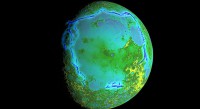 Topography of Earth’s moon generated from data collected by the Lunar Orbiter Laser Altimeter, aboard NASA’s Lunar Reconnaissance Orbiter, with the gravity anomalies bordering the Procellarum region superimposed in blue. (NASA/Colorado School of Mines/MIT/GSFC/Scientific Visualization Studio)