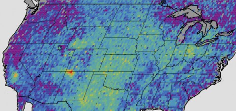 The Four Corners area (red) is the major U.S. hot spot for methane emissions in this map showing how much emissions varied from average background concentrations from 2003-2009 (dark colors are lower than average; lighter colors are higher). (NASA/JPL-Caltech/University of Michigan)