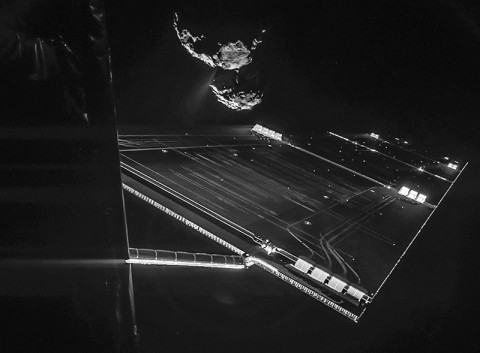 A composite image from a camera on the Rosetta mission's Philae comet lander shows a solar array, with comet 67P/Churyumov-Gerasimenko in the background. (ESA/Rosetta/Philae/CIVA)