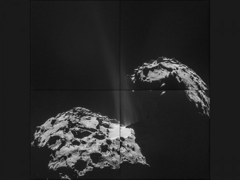 An image taken by the ESA Rosetta spacecraft shows jets of dust and gas escaping from the nucleus of comet 67P/Churyumov-Gerasimenko. (ESA/Rosetta/NAVCAM)