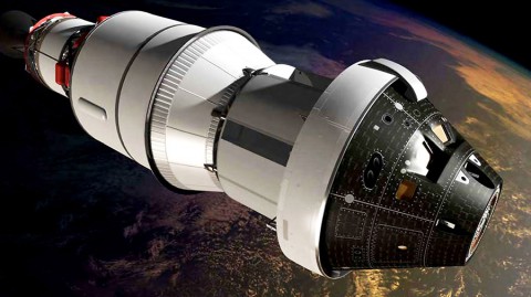 An artist's impression of the first Orion spacecraft in orbit attached to a Delta IV Upper Stage during Exploration Flight Test-1. (NASA)