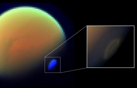 These two views of Saturn's moon Titan show the southern polar vortex, a huge, swirling cloud that was first observed by NASA's Cassini spacecraft in 2012. (NASA/JPL-Caltech/ASI/University of Arizona/SSI/Leiden Observatory and SRON)