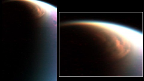 This cloud in the stratosphere over the north pole of Titan is similar to Earth's polar stratospheric clouds. (NASA/JPL/University of Arizona/LPGNantes) This cloud in the stratosphere over the north pole of Titan is similar to Earth's polar stratospheric clouds. (NASA/JPL/University of Arizona/LPGNantes)