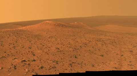 This vista from NASA's Mars Exploration Rover Opportunity shows "Wdowiak Ridge," from left foreground to center, as part of a northward look with the rover's tracks visible at right. (NASA/JPL-Caltech/Cornell Univ./Arizona State Univ)