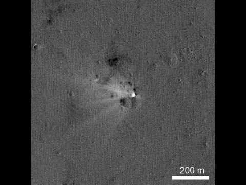 LRO has imaged the LADEE impact site on the eastern rim of Sundman V crater. The image was created by ratioing two images, one taken before the impact and another afterwards. The bright area highlights what has changed between the time of the two images, specifically the impact point and the ejecta. (NASA/Goddard/Arizona State University)