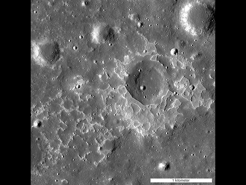 The feature called Maskelyne is one of many newly discovered young volcanic deposits on the Moon. Called irregular mare patches, these areas are thought to be remnants of small basaltic eruptions that occurred much later than the commonly accepted end of lunar volcanism, 1 to 1.5 billion years ago. (NASA/GSFC/Arizona State University)