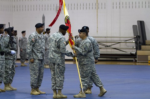Lt. Col. Alexander Gallegos, commander of the 101st Special Troops Battalion, 101st Sustainment Brigade, 101st Airborne Division, passes the battalion colors to Command Sgt. Maj. Frank M. Graham, incoming senior adviser for the 101st STB during a change of responsibility ceremony Oct. 28 at Fort Campbell, Ky. During the ceremony, Command Sgt. Maj. Christopher T. Crawford relinquished his responsibilities as senior adviser of the 101st STB. (U.S. Army photo by Sgt. Leejay Lockhart) Lt. Col. Alexander Gallegos, commander of the 101st Special Troops Battalion, 101st Sustainment Brigade, 101st Airborne Division, passes the battalion colors to Command Sgt. Maj. Frank M. Graham, incoming senior adviser for the 101st STB during a change of responsibility ceremony Oct. 28 at Fort Campbell, Ky. During the ceremony, Command Sgt. Maj. Christopher T. Crawford relinquished his responsibilities as senior adviser of the 101st STB. (U.S. Army photo by Sgt. Leejay Lockhart)