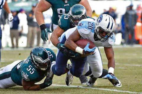 Tennessee Titans running back Bishop Sankey (20) is tackled by Philadelphia Eagles Mychal Kendricks (95) and Brandon Graham (55) at Lincoln Financial Field. (Derik Hamilton-USA TODAY Sports)