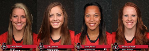 Austin Peay's four seniors, left to right: setter Cami Fields, middle blocker Liz Landon, outside hitter Jada Stotts and middle blocker Hillary Plybon.