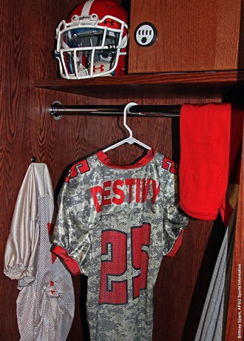 The 101st Combat Aviation Brigade's nickname "Destiny" adorns the back of defensive back Demarion Allen's uniform. The Govs will wear the uniform during Saturday's Homecoming contest. (APSU Sports Information)