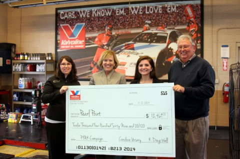 Convenient Car Care Inc. presents a check for $12,469 to Susan Hosbach of Pearl Point Cancer Support. Pictured are Candace Ursery, President of Convenient Car Care Inc., Susan Hosbach, President and CEO of Pearl Point, Ashley Charlton, Development Coordinator, and Doug Wall, owner of Convenient Car Care Inc.. (Photos by Bill Larson/Clarksville Online)