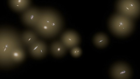 This artist's concept shows a view of a number of galaxies sitting in huge halos of stars. The stars are too distant to be seen individually and instead are seen as a diffuse glow, colored yellow in this illustration. (NASA/JPL-Caltech)