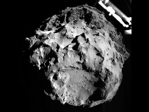 This image of comet 67P/Churyumov-Gerasimenko was taken by the Philae lander of the European Space Agency's Rosetta mission during Philae's descent toward the comet on Nov. 12, 2014. Philae's ROLIS camera took the image from a distance of approximately two miles (three kilometers) from the surface. (ESA/Rosetta/Philae/DLR)