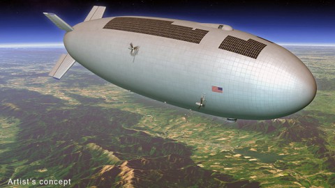 Artist's concept for a high-altitude, long-duration airship that could be used as a research platform or for commercial purposes. (Mike Hughes (Eagre Interactive)/Keck Institute for Space Studies) Artist's concept for a high-altitude, long-duration airship that could be used as a research platform or for commercial purposes. (Mike Hughes (Eagre Interactive)/Keck Institute for Space Studies)