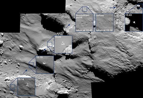 The descent of its comet lander Philae was captured by the Rosetta spacecraft's main camera as the lander approached - and then rebounded off - the comet's surface. (ESA/Rosetta/MPS/UPD/LAM/IAA/SSO/INTA/UPM/DASP/IDA) The descent of its comet lander Philae was captured by the Rosetta spacecraft's main camera as the lander approached - and then rebounded off - the comet's surface. (ESA/Rosetta/MPS/UPD/LAM/IAA/SSO/INTA/UPM/DASP/IDA)