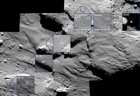 The descent of its comet lander Philae was captured by the Rosetta spacecraft's main camera as the lander approached - and then rebounded off - the comet's surface. (ESA/Rosetta/MPS/UPD/LAM/IAA/SSO/INTA/UPM/DASP/IDA)