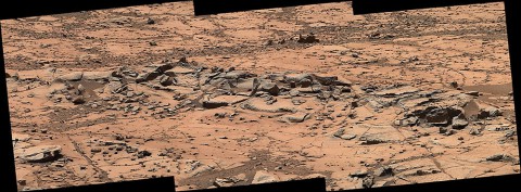 This small ridge, about 3 feet (1 meter) long, appears to resist wind erosion more than the flatter plates around it. (NASA/JPL-Caltech/MSSS) This small ridge, about 3 feet (1 meter) long, appears to resist wind erosion more than the flatter plates around it. (NASA/JPL-Caltech/MSSS)