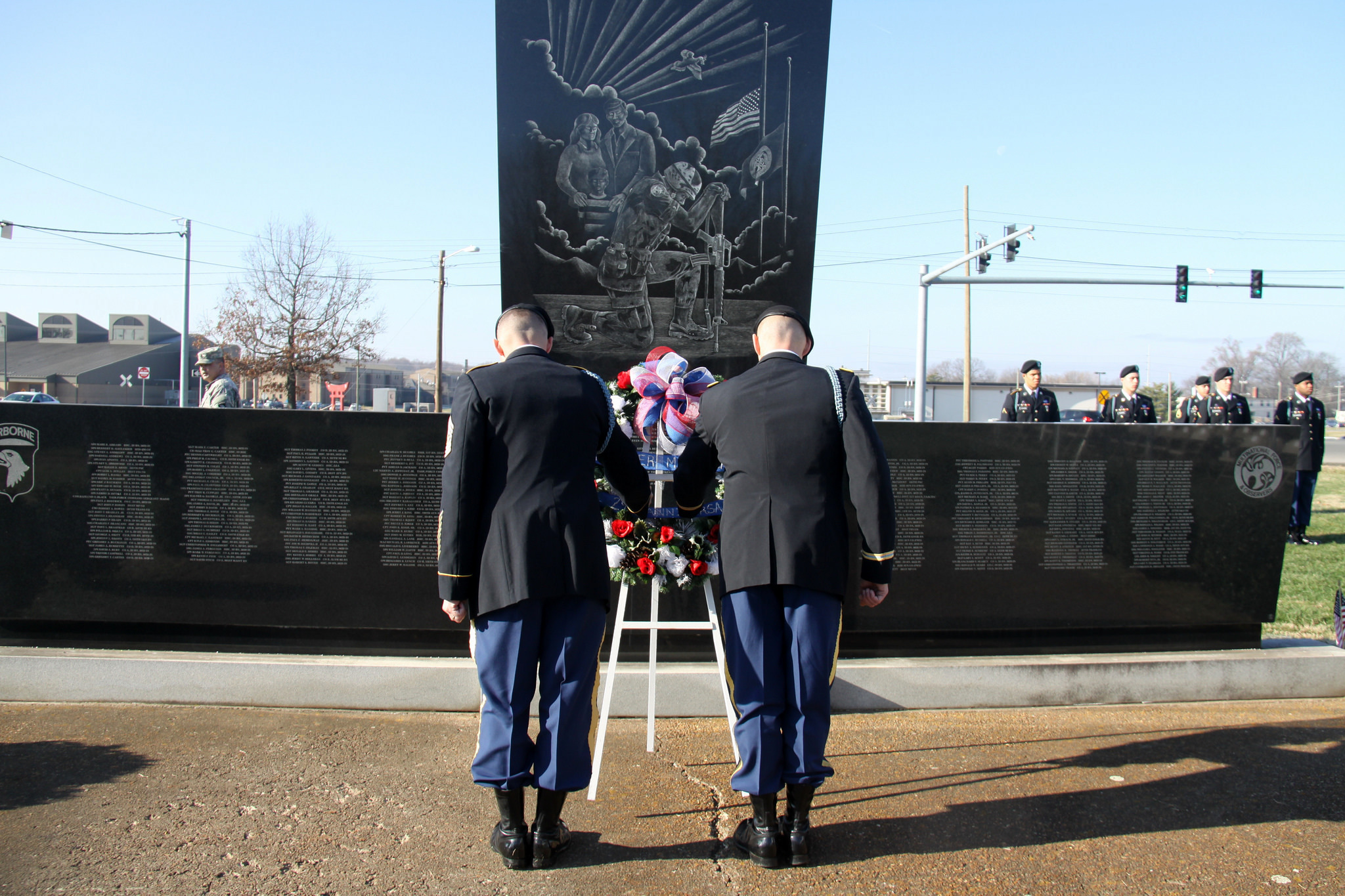Col. Peter N. Benchoff and Command Sgt. Maj. John Brady pay tribute, to the 248 Soldiers who lost their lives in a plane crash in Gander, Newfoundland at the 29th Gander Memorial Ceremony. Twenty nine years ago this morning, Arrow Airlines flight 1285 took off from Gander Newfoundland in Canada with eight crew members and 248 Soldiers, noncommissioned officers, and officers from units across this division, the majority from 3rd Battalion of the 502nd Infantry Regiment, 101st Airborne Division. The flight crashed immediately following takeoff and there were no survivors. The soldiers were returning home from a peace keeping mission in Sinai, Egypt. Strike Soldiers and Screaming Eagle families gather yearly in remembrance. (Sgt. 1st Class Eric Abendroth/U.S. Army)