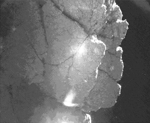From the location where it came to rest after bounces, the Philae lander of the European Space Agency's Rosetta mission captured this view of a cliff on the nucleus of comet 67P/Churyumov-Gerasimenko. (ESA/Rosetta/Philae/CIVA) From the location where it came to rest after bounces, the Philae lander of the European Space Agency's Rosetta mission captured this view of a cliff on the nucleus of comet 67P/Churyumov-Gerasimenko. (ESA/Rosetta/Philae/CIVA)
