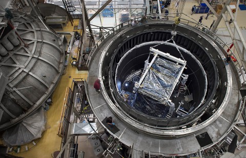 The Integrated Science Instrument Module (ISIM) of the James Webb Space Telescope emerges from the thermal vacuum chamber at NASA's Goddard Space Flight Center. (NASA/Chris Gunn)