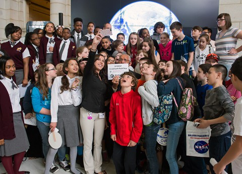 NASA Administrator Charles Bolden poses for a quick selfie with students who attended the NASA-sponsored Earth Day event. (NASA/Aubrey Gemignani)