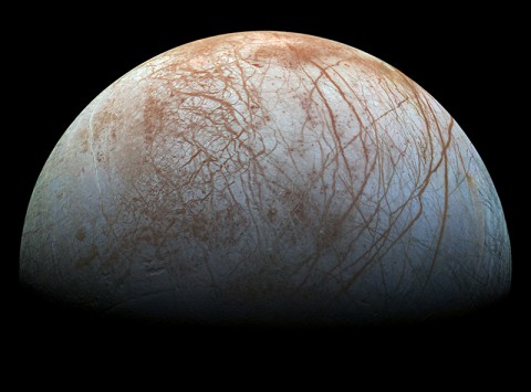 Jupiter's icy moon Europa displays many signs of activity, including its fractured crust and a dearth of impact craters. Scientists continue to hunt for confirmation of plume activity. (NASA/JPL-Caltech/SETI Institute)