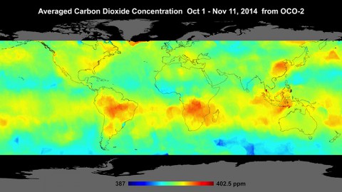 Global atmospheric carbon dioxide concentrations from Oct. 1 through Nov. 11, as recorded by NASA's Orbiting Carbon Observatory-2. (NASA/JPL-Caltech)