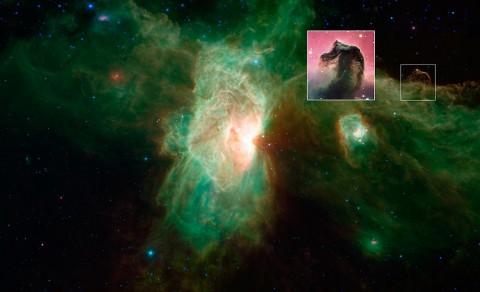 The famous Horsehead nebula of visible-light images (inset) looks quite different when viewed in infrared light, as seen in this newly released image from NASA's Spitzer Space Telescope. (NASA/JPL-Caltech/ESO)