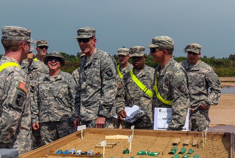Maj. Gen. Gary Volesky, center, commander of Joint Forces Command – United Assistance and the 101st Airborne Division (Air Assault), surveys a sand table of Camp Buchanan, Liberia, while visiting Soldiers of the 129th Combat Sustainment Support Battalion, Jan. 23, 2015, Buchanan, Liberia. Soldiers of the 129th CSS Battalion help operate the USDA inspection point, ensuring all vehicles and equipment headed back to the U.S. meet customs standards. (Spc. Caitlyn Byrne, 27th Public Affairs Detachment) Maj. Gen. Gary Volesky, center, commander of Joint Forces Command – United Assistance and the 101st Airborne Division (Air Assault), surveys a sand table of Camp Buchanan, Liberia, while visiting Soldiers of the 129th Combat Sustainment Support Battalion, Jan. 23, 2015, Buchanan, Liberia. Soldiers of the 129th CSS Battalion help operate the USDA inspection point, ensuring all vehicles and equipment headed back to the U.S. meet customs standards. (Spc. Caitlyn Byrne, 27th Public Affairs Detachment)