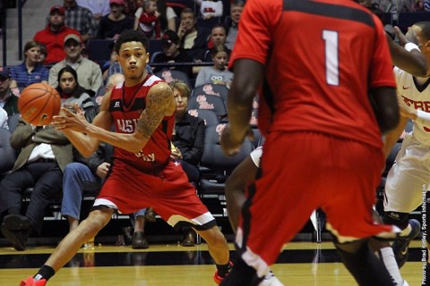 Austin Peay junior guard Khalil Davis scored 18 of his game-high 20 points in the second half at Old Miss. (APSU Sports Information)