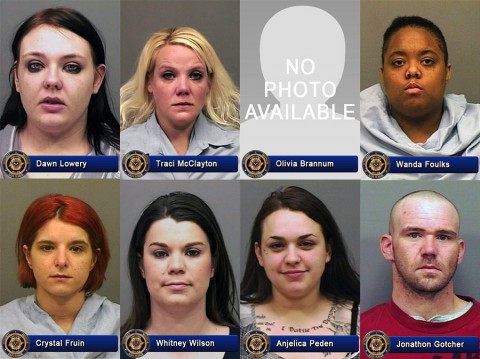 Clarksville Police Department internet prostitution sting nets (Top: L to R) Dawn Lowery, Traci McClayton, Olivia Brannum, Wanda Foulks; (Bottom: L to R) Crystal Fruin, Whitney Wilson, Anjelica Peden and Jonathon Gotcher.