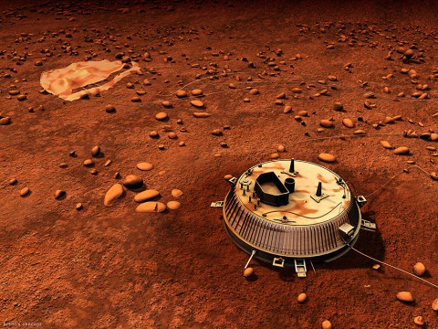 An artist's interpretation of the area surrounding the Huygens landing site based on images and data returned by the probe on Jan. 14, 2005. (ESA - C. Carreau)