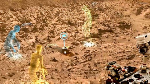 A screen view from OnSight, a software tool developed by NASA's Jet Propulsion Laboratory in collaboration with Microsoft. OnSight uses real rover data to create a 3-D simulation of the Martian environment where mission scientists can "meet" to discuss rover operations. (NASA/JPL-Caltech)