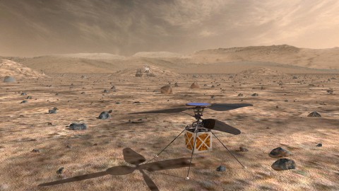 A proposed helicopter could triple the distances that Mars rovers can drive in a Martian day and help pinpoint interesting targets for study. (NASA) A proposed helicopter could triple the distances that Mars rovers can drive in a Martian day and help pinpoint interesting targets for study. (NASA)