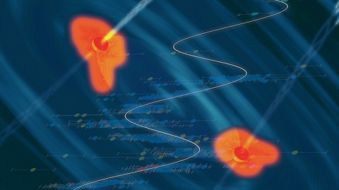 An artist's conception of a black hole binary in a heart of a quasar, with the data showing the periodic variability superposed. (Santiago Lombeyda, Center for Data-Driven Discovery, Caltech)