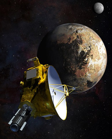 Artist's concept of NASA's New Horizons spacecraft as it passes Pluto and Pluto's largest moon, Charon, in July 2015. (NASA/JHU APL/SwRI/Steve Gribben)