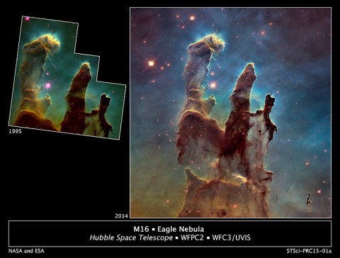 Astronomers using NASA's Hubble Space Telescope have assembled a bigger and sharper photograph of the iconic Eagle Nebula's "Pillars of Creation".  (NASA/ESA/Hubble Heritage Team (STScI/AURA)/J. Hester, P. Scowen (Arizona State U.))