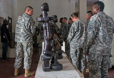 Joint Forces Command – United Assistance service members, deployed to Barclay Training Center, Monrovia, Liberia, take a tour of the Liberian National Museum, Jan. 20, 2015, in Monrovia. The JFC-UA sponsored museum visit was initiated to allow service members deployed in support of Operation United Assistance to more fully understand and experience Liberian culture. (Spc. Caitlyn Byrne, 27th Public Affairs Detachment)