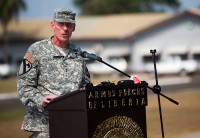 Maj. Gen. Gary Volesky, commander of Joint Forces Command – United Assistance and the 101st Airborne Division (Air Assault), gives a speech during the 101st’s color casing ceremony held at the Barclay Training Center Monrovia, Liberia, Feb. 26, 2015. (Spc. Rashene Mincy, 55th Signal Company (Combat Camera))