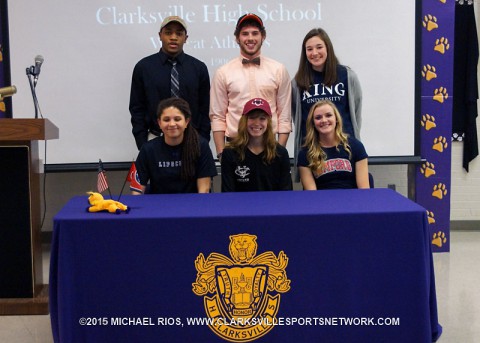 Clarksville High School has six sign letters of intnet on National Signing Day. (Top L to R) Dennis Merriweather, Mason Gasaway and Abby Anderson. (Bot L to R) Justis Bailey, Autumn Copeland and Ella Baggett.