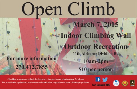 Fort Campbell Outdoor Recreation Indoor Climbing Wall Open Climb, March 7th