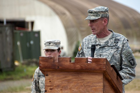 Maj. Gen. Gary Volesky makes open remarks during 86th Combat Support Hospital’s color casing ceremony at the National Police Training Academy, Paynesville, Liberia, Feb. 12, 2015. The 86th CSH, deployed as Task Force Eagle Medic in support of Operation United Assistance, will head back to Fort Campbell, KY. (Sgt. 1st Class Nathan Hoskins, 101st Airborne Division Public Affairs)