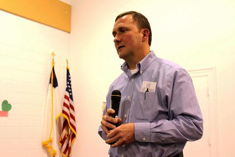 Montgomery County Sheriff John Fuson speaks to citizens at Olivet Free Will Baptist Church.