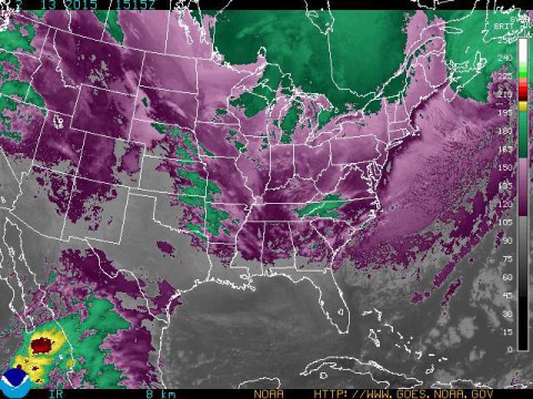 This false-colored infrared NOAA GOES-East satellite image from Feb. 13 at 15:15 UTC (10:15 a.m. EST) shows the blanket of clouds over much of the eastern U.S. (NOAA)