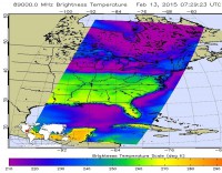 This false-colored infrared image from the AIRS instrument aboard NASA’s Aqua satellite at 7:29 UTC (2:29 a.m. EST) shows cloud top temperatures over New York, Vermont, and New Hampshire near 245K/-28C/-18F (greenish to blue shading). (NASA JPL, Ed Olsen)