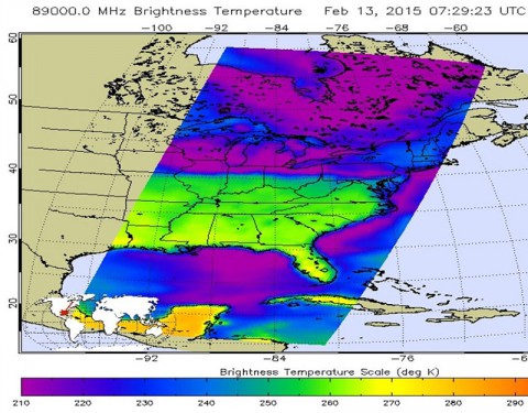 This false-colored infrared image from the AIRS instrument aboard NASA's Aqua satellite at 7:29 UTC (2:29 a.m. EST) shows cloud top temperatures over New York, Vermont, and New Hampshire near 245K/-28C/-18F (greenish to blue shading). (NASA JPL, Ed Olsen)