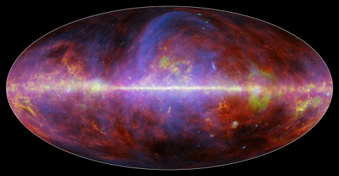 A festive portrait of our Milky Way galaxy shows a mishmash of gas, charged particles and several types of dust. The composite image comes from the European Space Agency's Planck mission, in which NASA plays an important role. It is constructed from observations made at microwave and millimeter wavelengths of light, which are longer than what we see with our eyes.